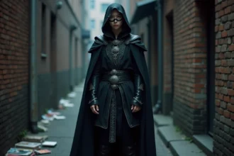 Cosplayer en costume sombre inspiré de Kage no Jitsuryokusha avec cape noire et broderies argentées dans une ruelle urbaine