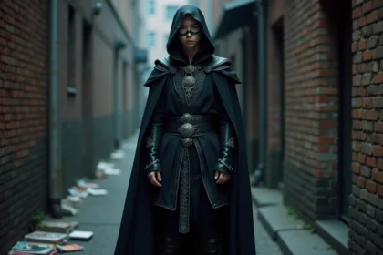Cosplayer en costume sombre inspiré de Kage no Jitsuryokusha avec cape noire et broderies argentées dans une ruelle urbaine