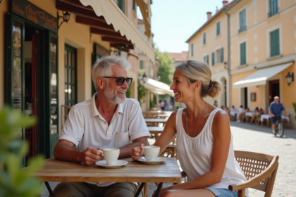 Couple assis à un café en sud de la France