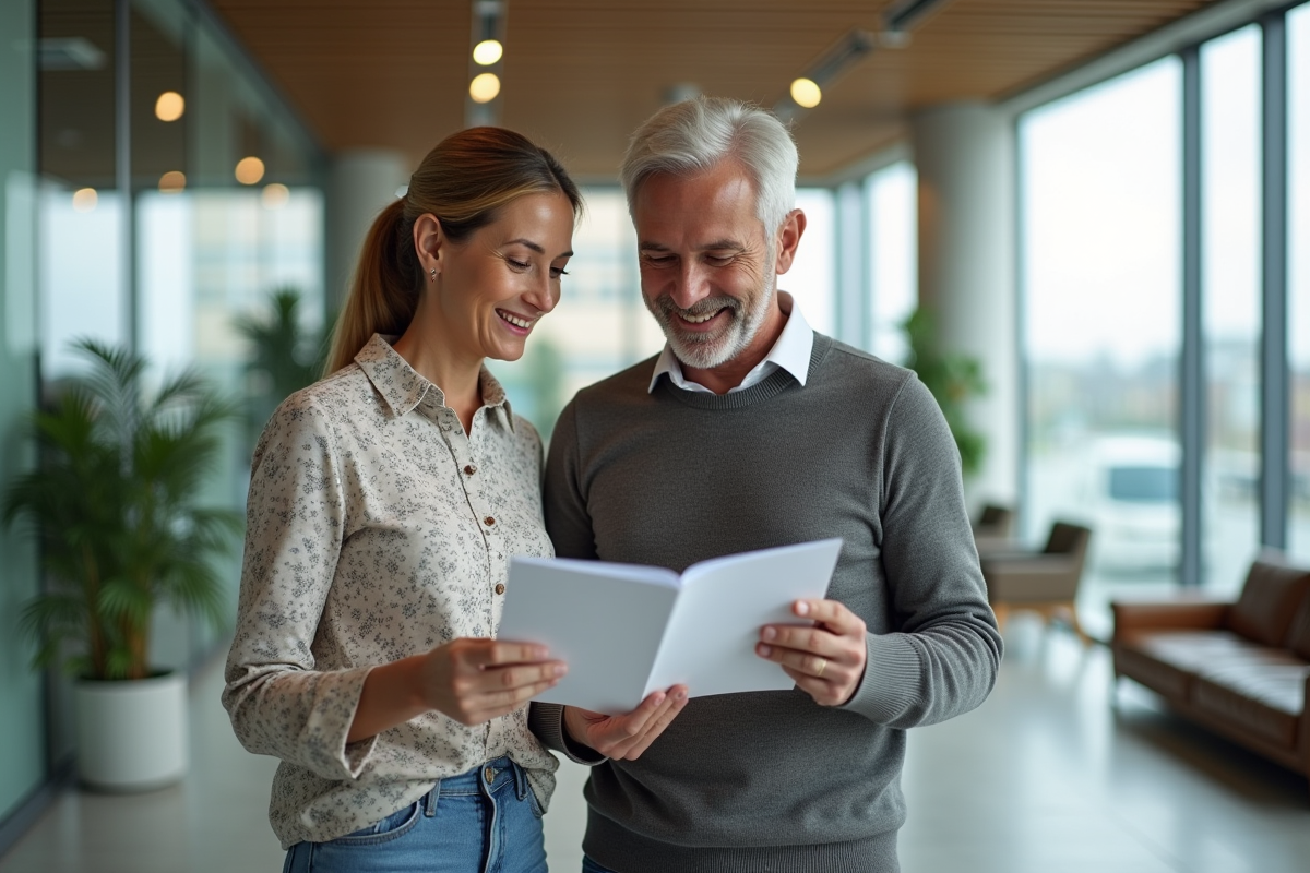 Couple en intérieur consulte brochure de prêt immobilier