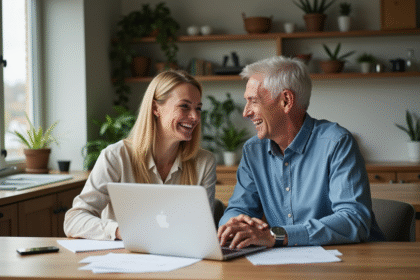 Couple souriant discutant à la cuisine moderne