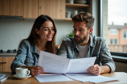 Couple en train de lire des documents immobiliers à la maison