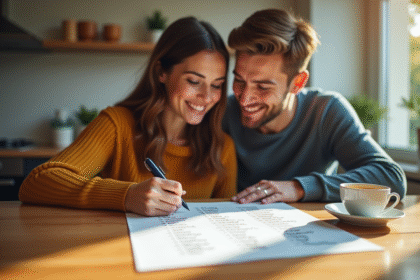 Jeune couple souriant avec liste de prénoms L
