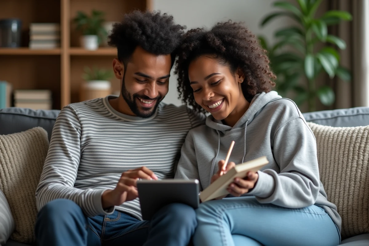 Couple consultant ensemble les démarches d'appel vers l'Algérie sur une tablette numérique à la maison