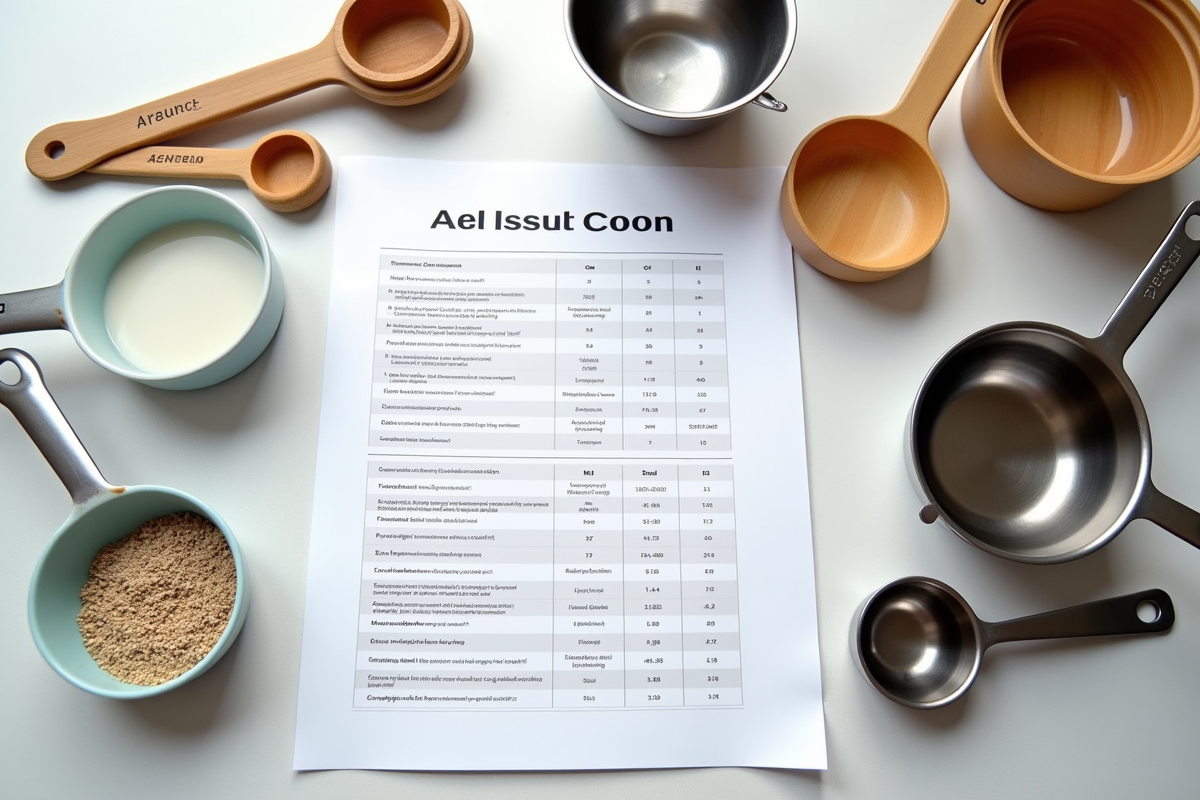 Cuillères et tasses de mesure avec tableau de conversion