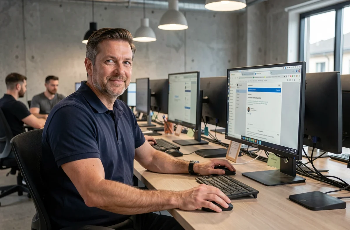 Homme en espace de coworking accédant à un site depuis un navigateur sécurisé pour éviter les blocages