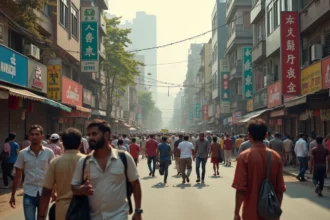 Foule dense dans une rue animée d'une mégapole asiatique illustrant la croissance démographique mondiale