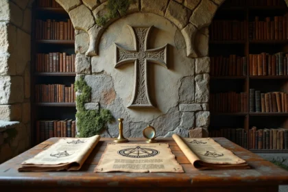 Croix templière gravée dans une pierre ancienne côtoyant des symboles maçonniques sur bois, dans une salle d'archives historique