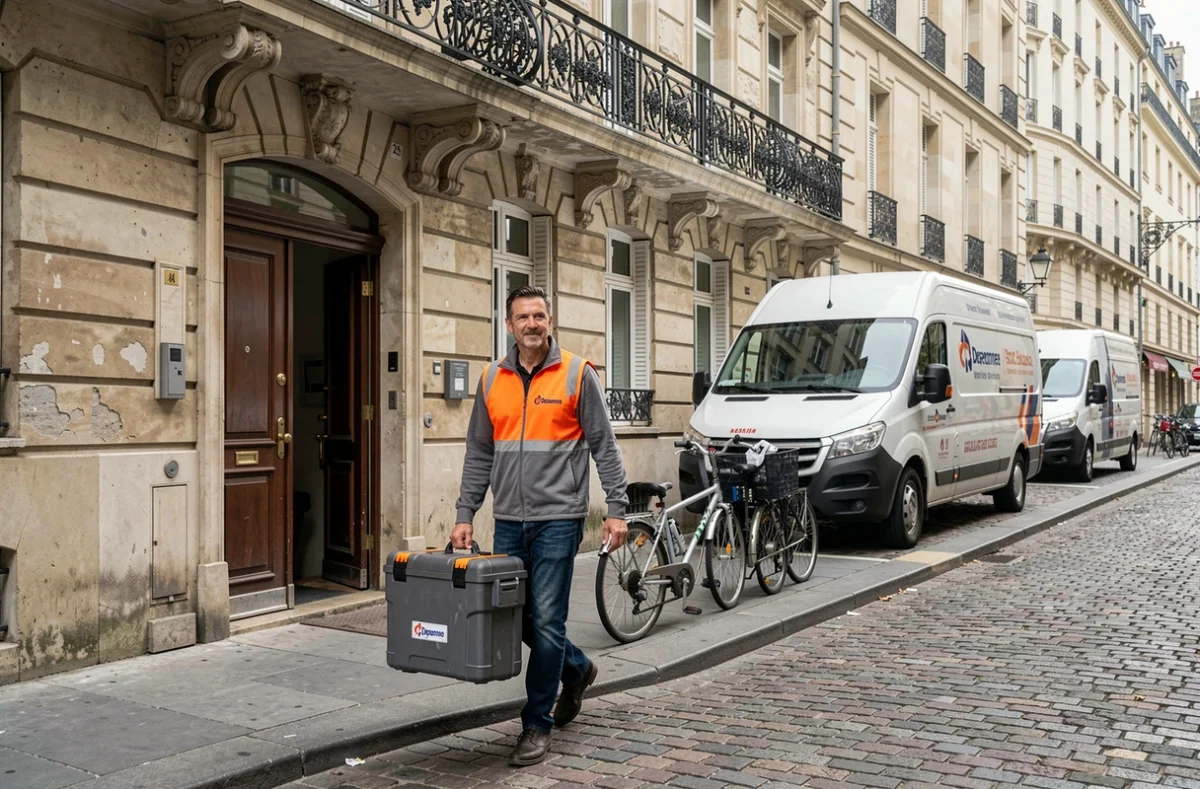 Technicien Depanneo arrivant en urgence devant un immeuble parisien avec son matériel de serrurier