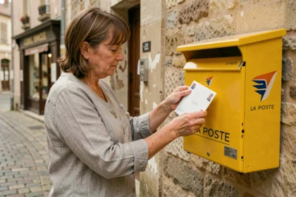 Femme déposant une lettre affranchie dans une boîte aux lettres La Poste en France, tarif 2026