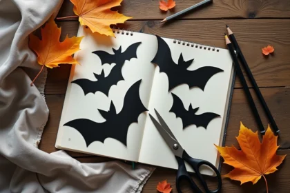 Dessins de chauves-souris découpés en carton noir pour guirlande Halloween posés sur une table en bois rustique avec des feuilles d'automne