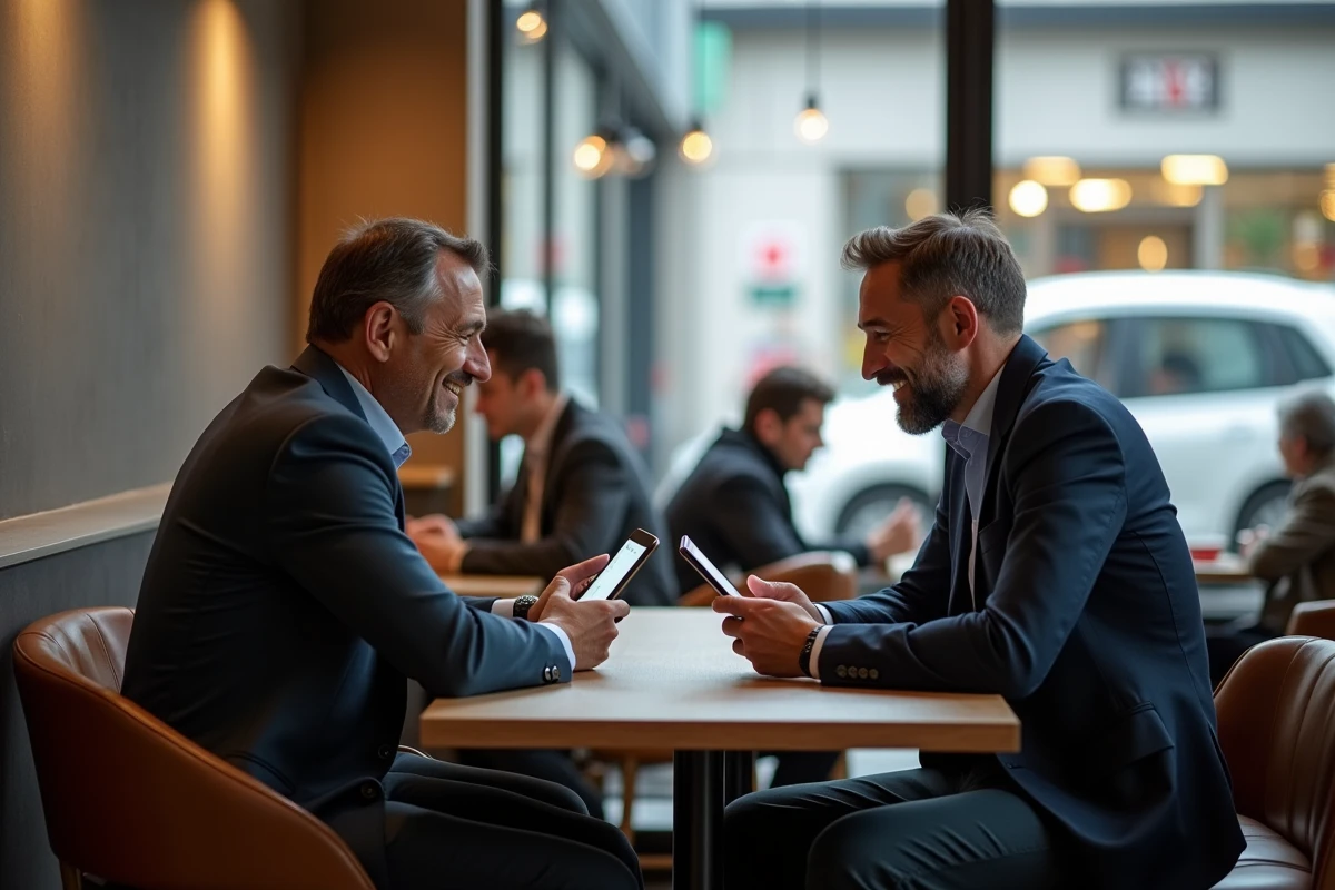 Deux hommes souriants jouant à un jeu de mots sur une tablette au café