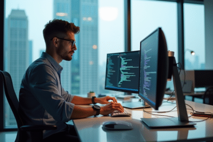 Jeune developpeur homme en entreprise devant ses écrans