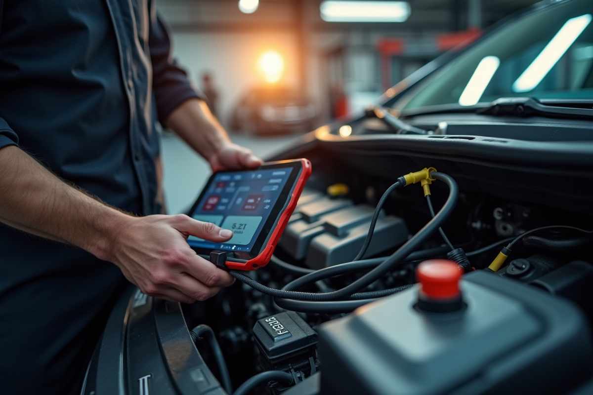 Mecanicien utilisant une tablette pour diagnostiquer un moteur