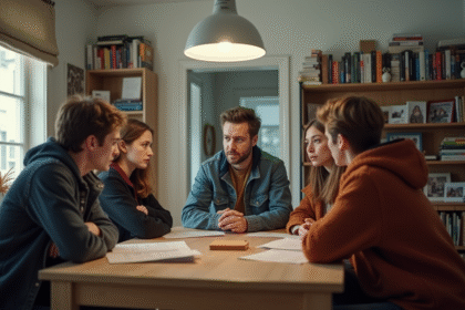 Trois jeunes adultes et un homme discutent dans une cuisine