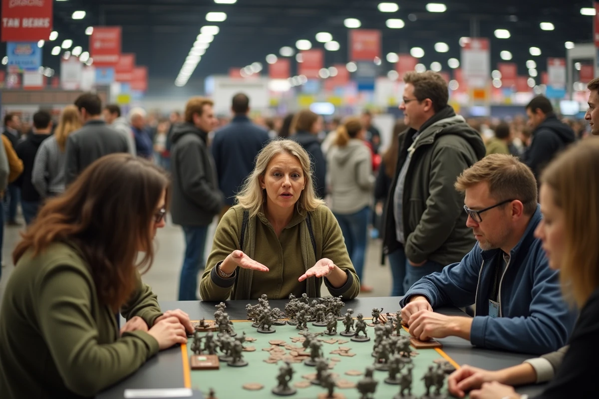 Femme discute tactiques de jeux de plateau avec amis