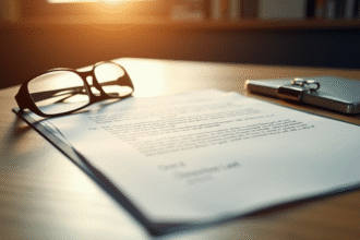 Document juridique ouvert avec lunettes sur un bureau chaud
