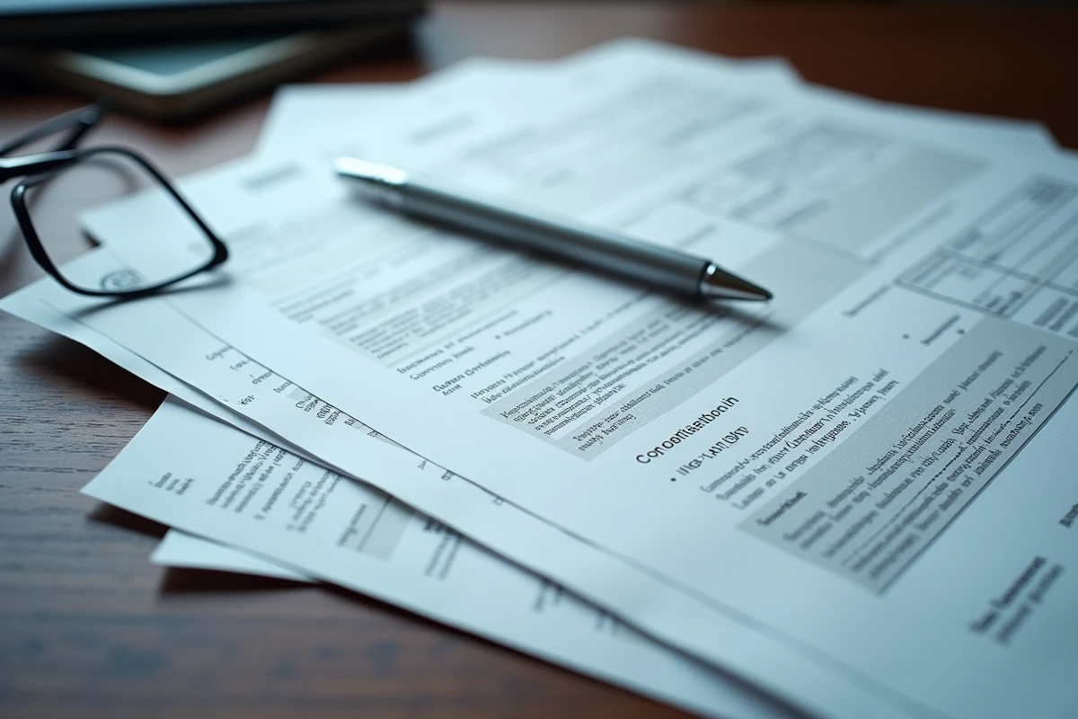 Gros plan sur des documents financiers officiels et statuts de sociétés empilés sur un bureau en acajou avec un stylo argenté