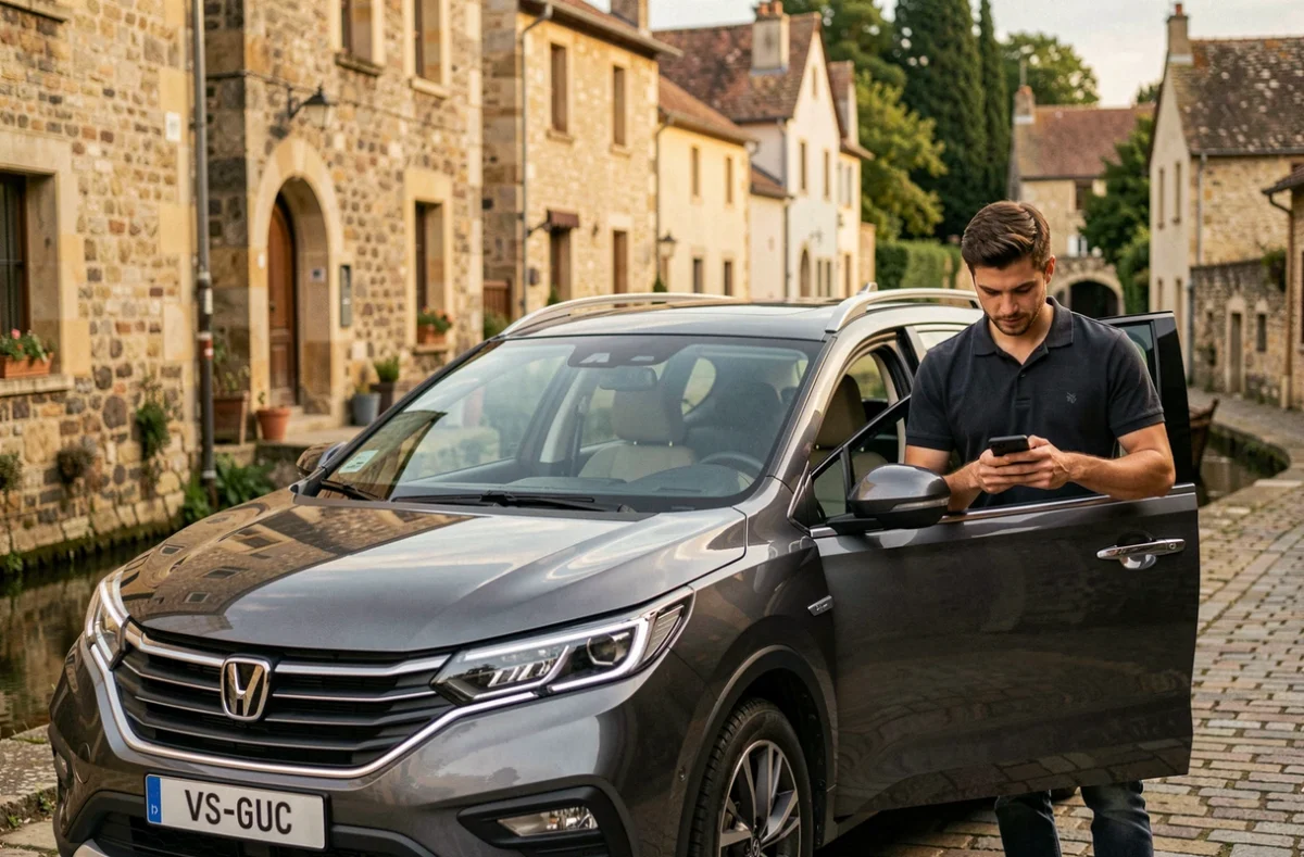 Chauffeur VTC consultant son téléphone près de son véhicule gris dans une rue pittoresque de Crécy-la-Chapelle pour Doo Cab