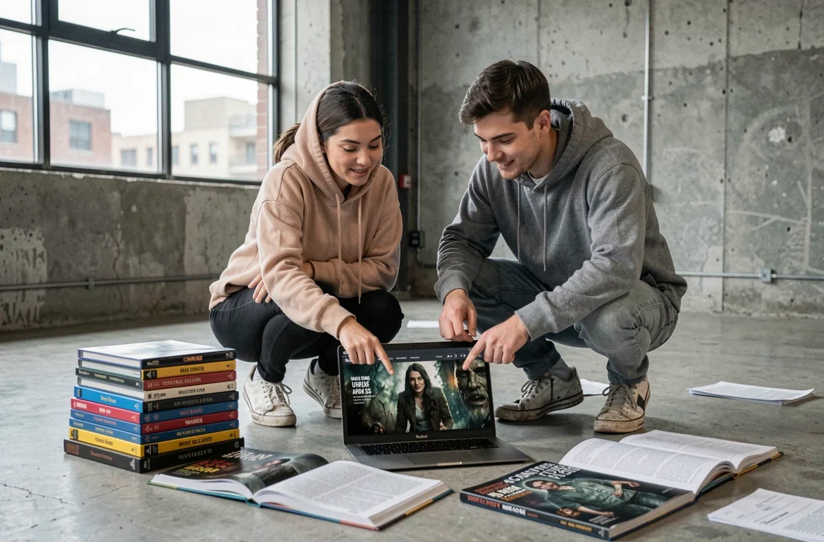 Deux jeunes adultes comparant des détails entre les films de la saga Destination Finale entourés de boîtiers Blu-ray et de livres de cinéma