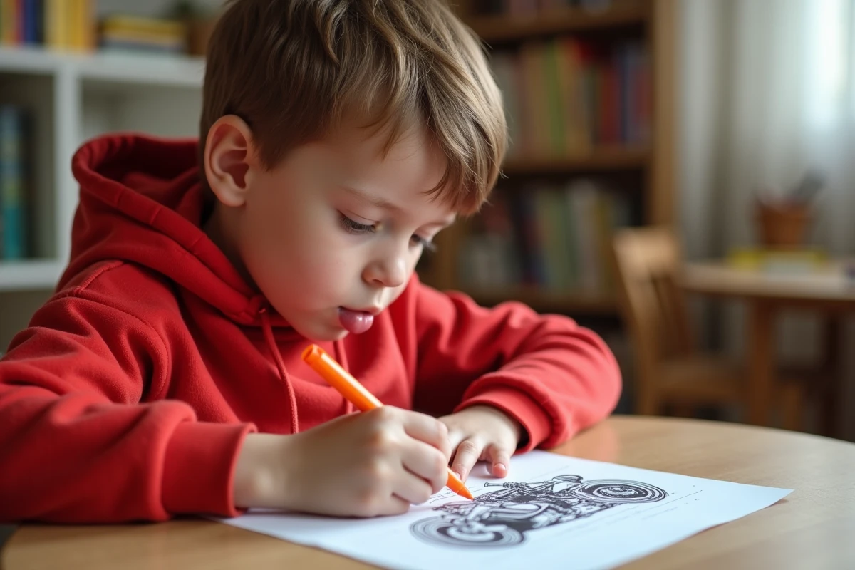 Enfant coloriant un dessin de moto de course avec un marqueur orange sur une feuille à imprimer