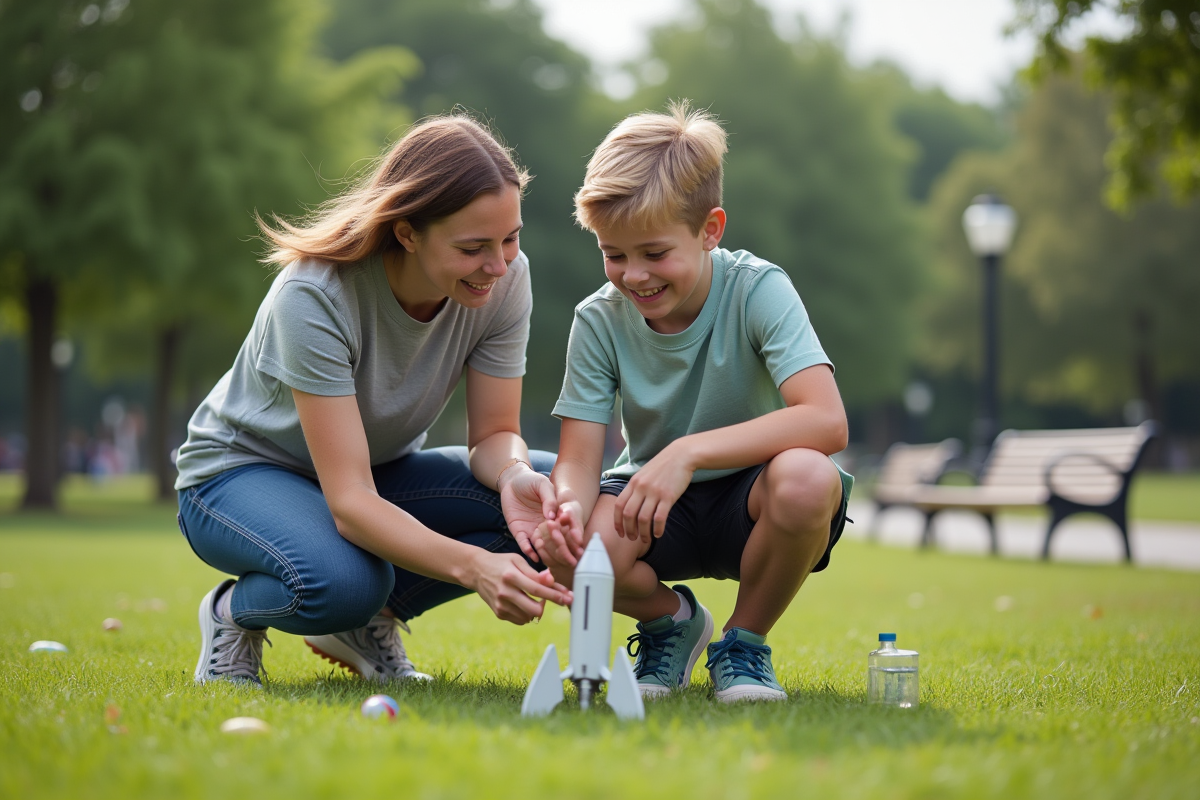 Un enfant et une adulte réalisent une expérience scientifique en plein air