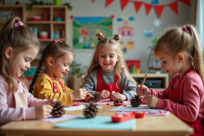 Groupe d'enfants en classe préparant des cadeaux de Noël