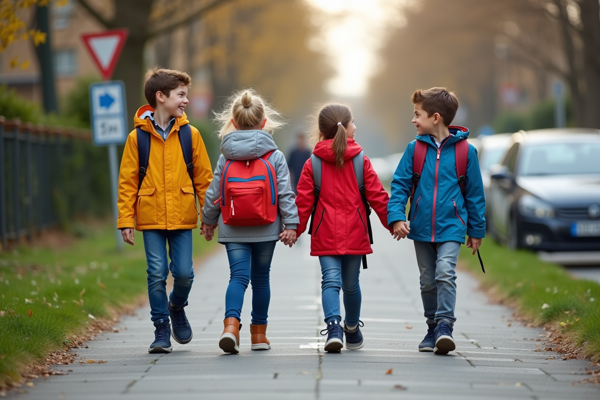 Groupe d'enfants d'école primaire marchant dans une rue européenne