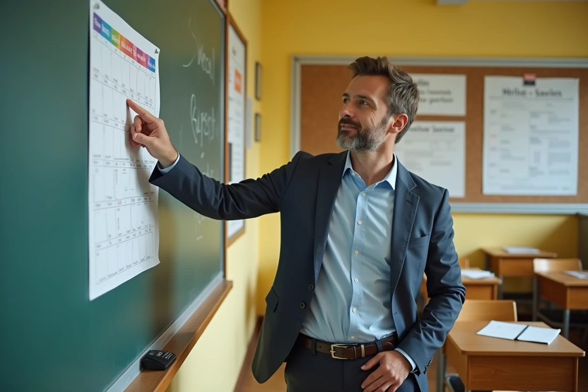 Professeur ajustant un calendrier scolaire dans la classe