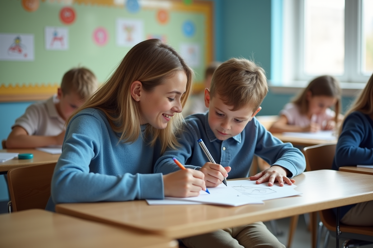 Jeune enseignante soutenant un garçon en classe