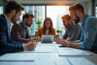 Équipe d'ingénieurs collaborant autour de plans et tablettes pour innover