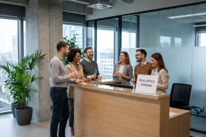 Groupe de professionnels célébrant l'ouverture d'un bureau moderne