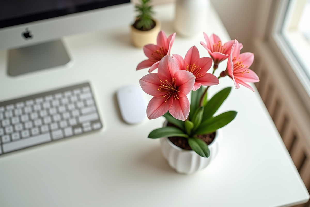 Espace de travail minimaliste avec bouquet d