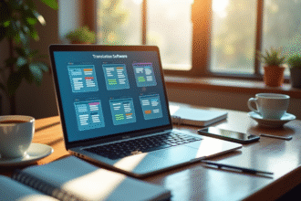 Espace de travail moderne avec ordinateur et logiciels de traduction
