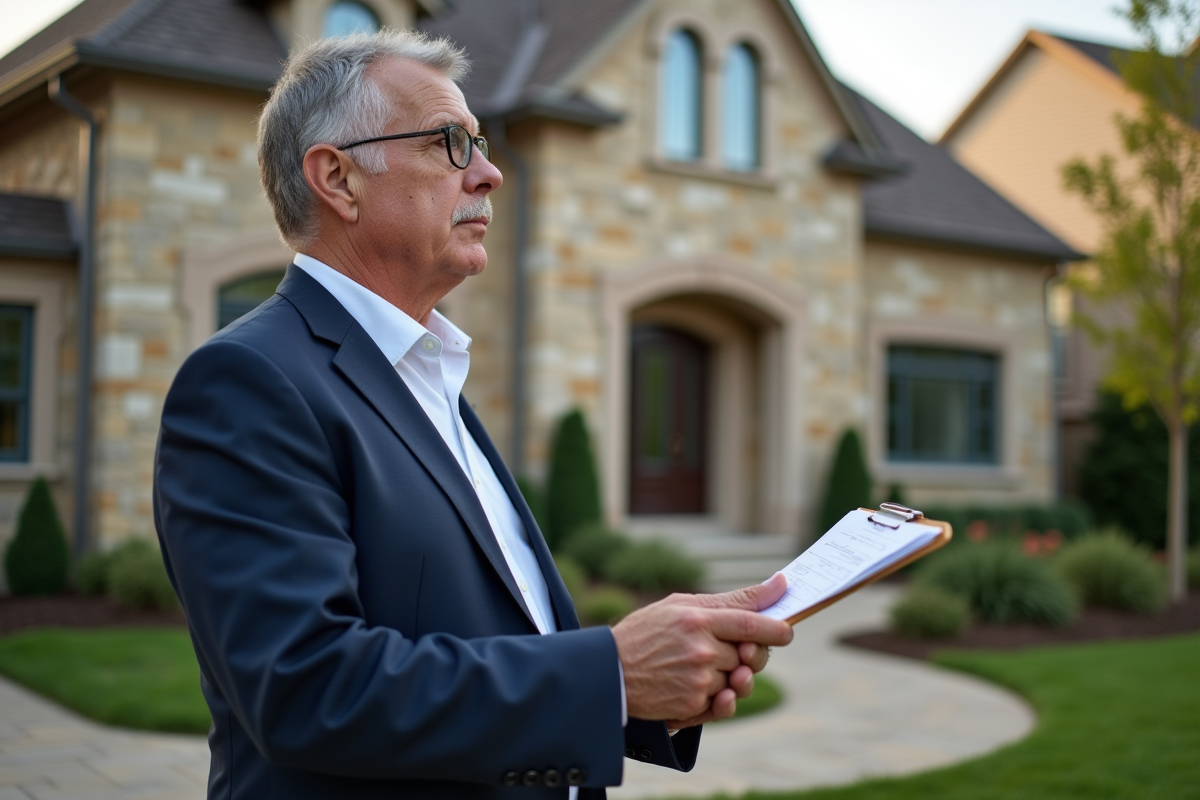 Expert immobilier évaluant une maison de banlieue extérieure