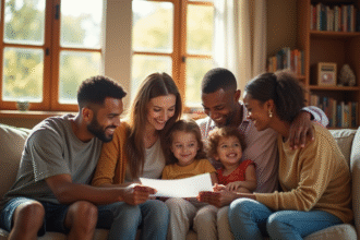 Famille recomposée lisant papiers d'adoption dans un salon chaleureux