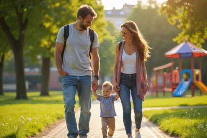 Famille heureuse avec bébé dans un parc européen ensoleille