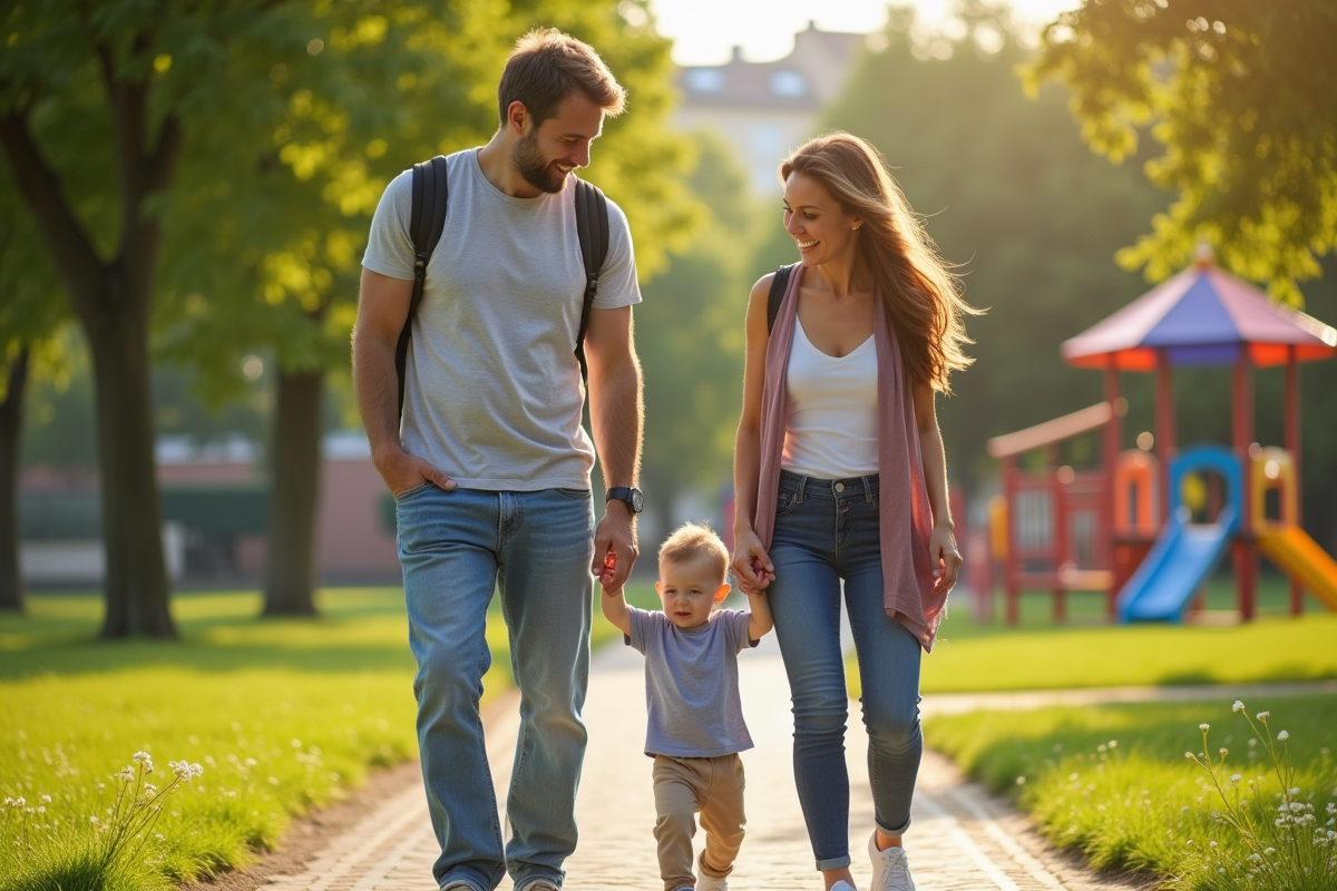 Famille heureuse avec bébé dans un parc européen ensoleille