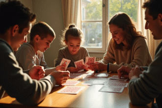 Famille jouant au Mille Bornes autour d'une table ensoleillée