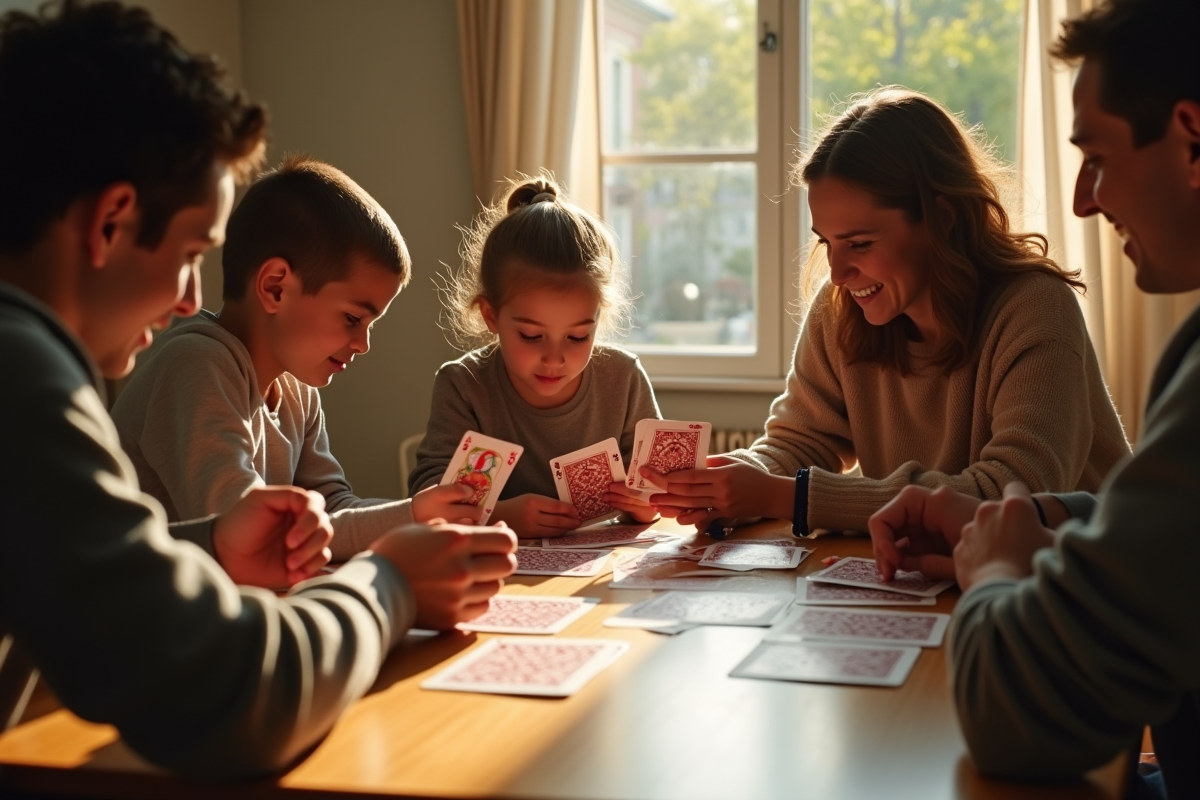 Famille jouant au Mille Bornes autour d'une table ensoleillée