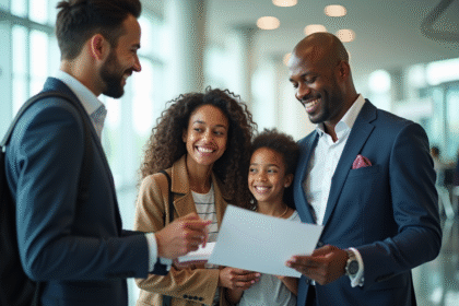 Famille multiculturelle à l'aéroport international souriante