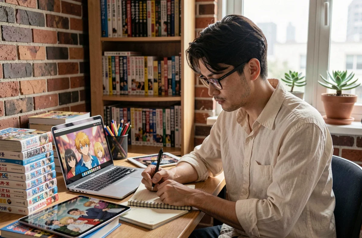 Fan de One Piece analysant et comparant les versions manga, anime et live action du personnage Klahadore dans un appartement cosy rempli de volumes collectionnés