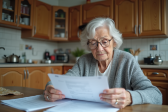 Femme âgée lisant des documents dans sa cuisine chaleureuse