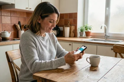 Femme utilisant une application de points de fidélité sur smartphone à table de cuisine, avis Mon Avis le Rend Gratuit 700 points