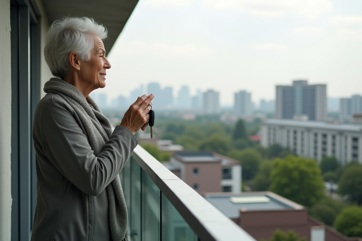 Femme regardant la ville depuis un balcon moderne