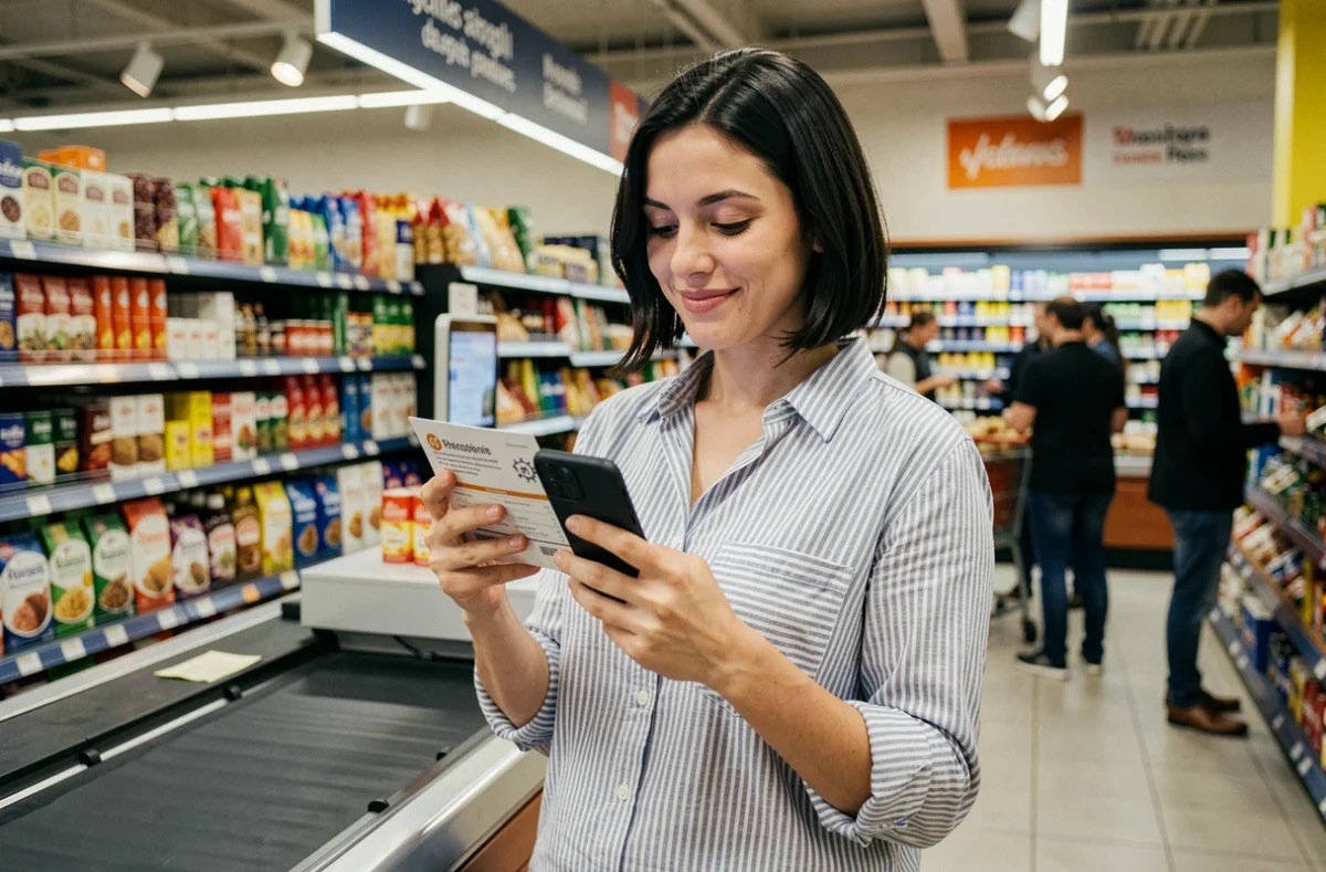 Femme utilisant un bon de réduction obtenu grâce aux points de fidélité au supermarché, programme Mon Avis le Rend Gratuit
