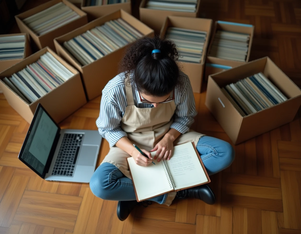 Femme classant et inventoriant une collection de disques 78 tours sur un parquet en bois avec cahier et ordinateur