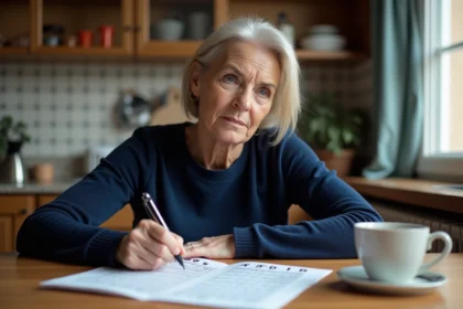 Femme cochant des numéros sur une grille de LOTO avec un stylo à la table de cuisine