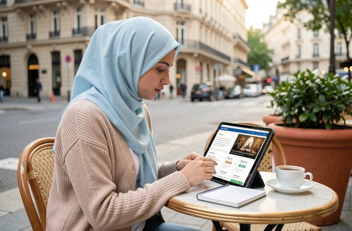 Femme musulmane comparant des sites web d'horaires de prière sur une tablette dans un café français