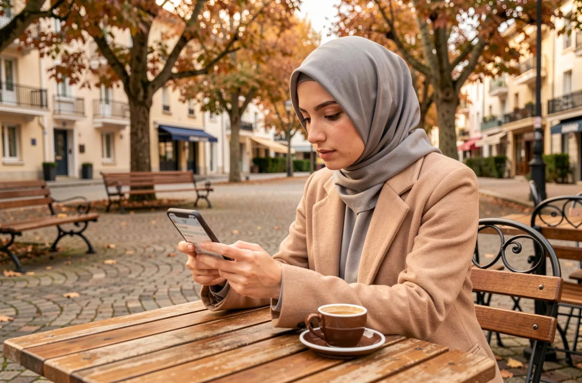 Jeune femme musulmane consultant les horaires de prières sur son téléphone dans un square de Neuilly-sur-Marne
